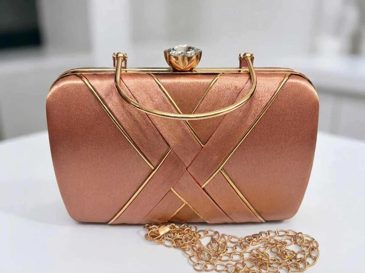Embellished Satin Clutch Bag for Girls & Women, Rose Gold
