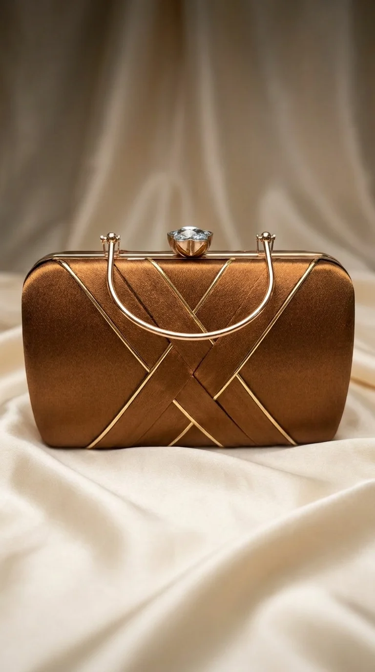 Embellished Satin Clutch Bag for Girls & Women, Brown
