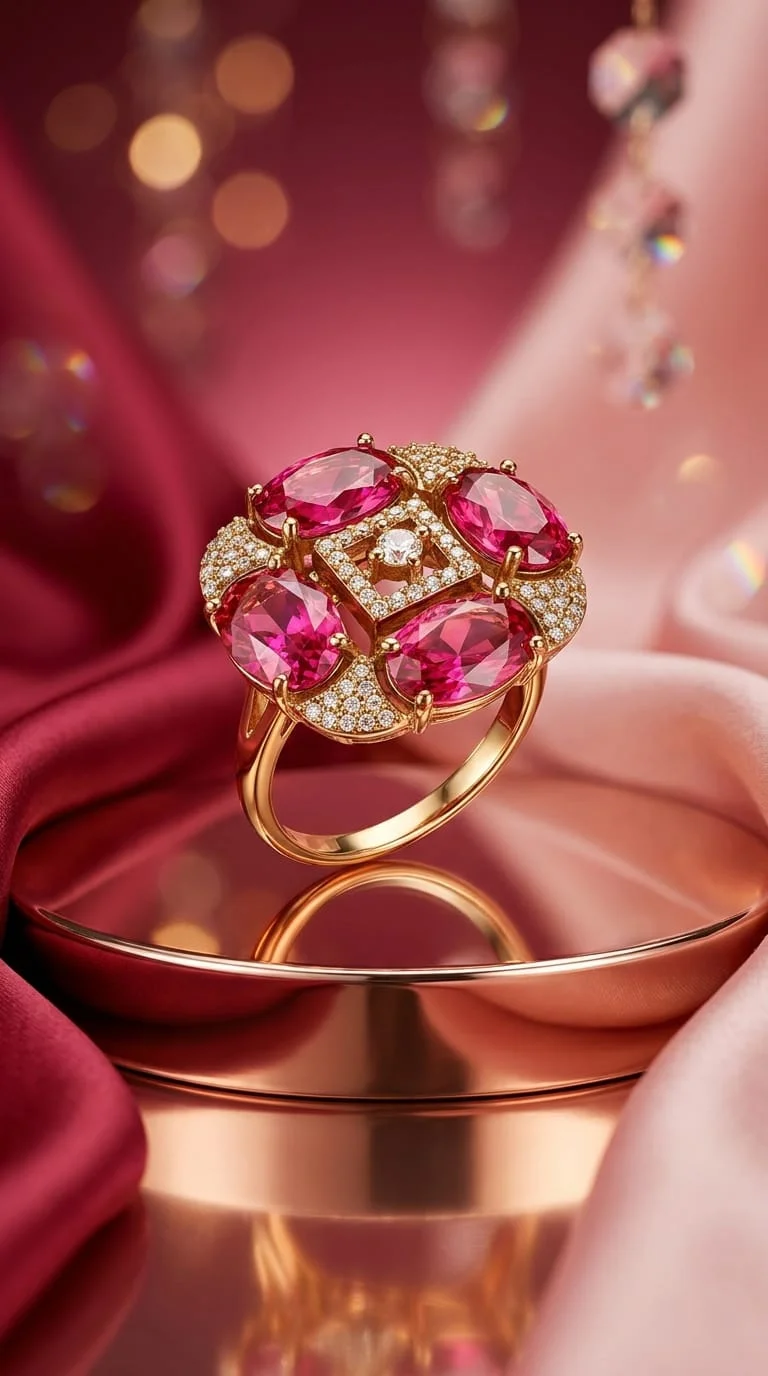 AD Stylish Adjustable Finger Ring | Rose Gold Tone, Pink Gemstone