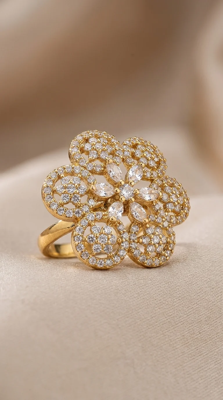 Gold Flower Ring with Crystal Stones | Floral Design, Crystal Embellished