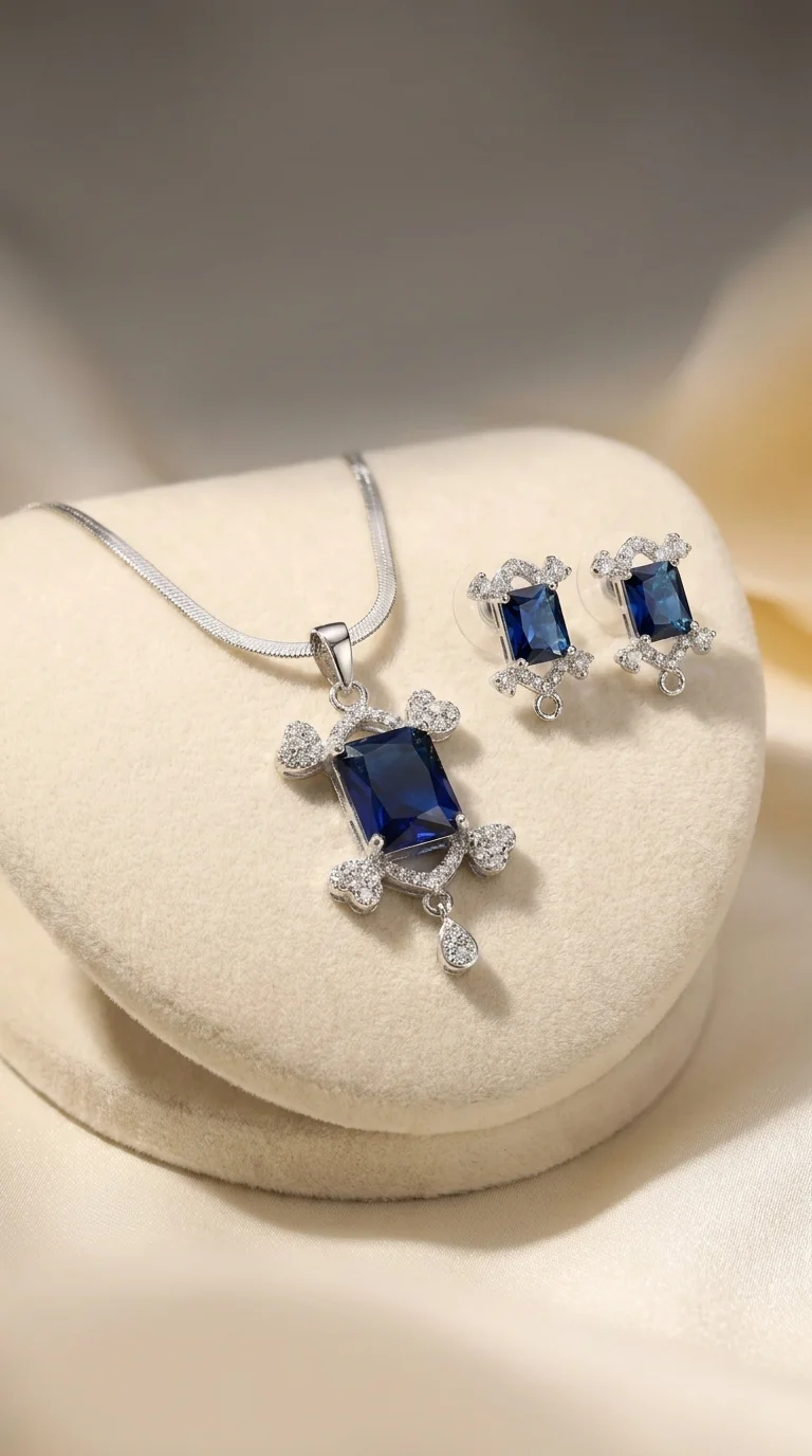 Blue Crystal Pendant Set with Chain and Earrings