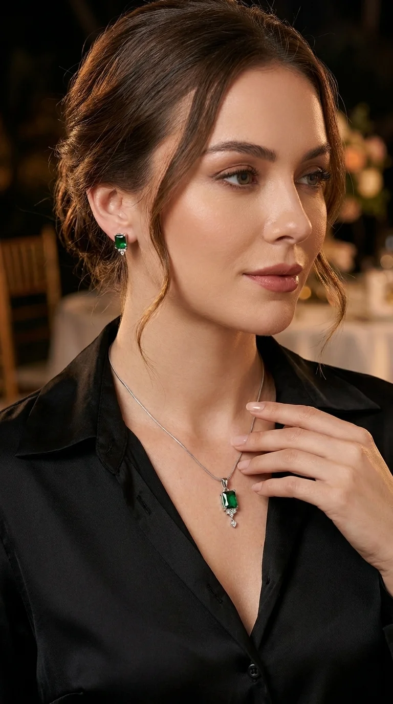 Elegant Green Stone Pendant Necklace Set with Matching Earrings