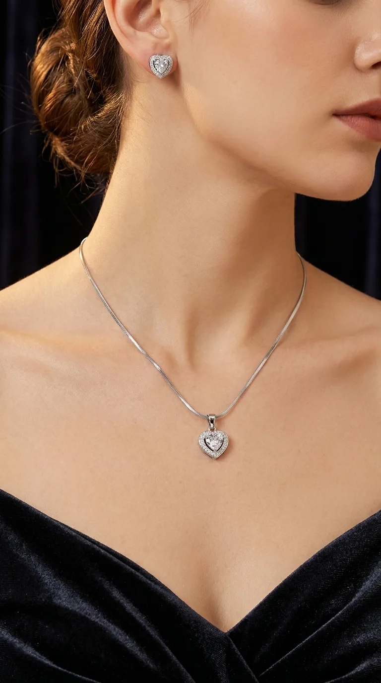 Heart Shape Pendant Necklace and Earrings Set | CZ Stone, Stud Earrings