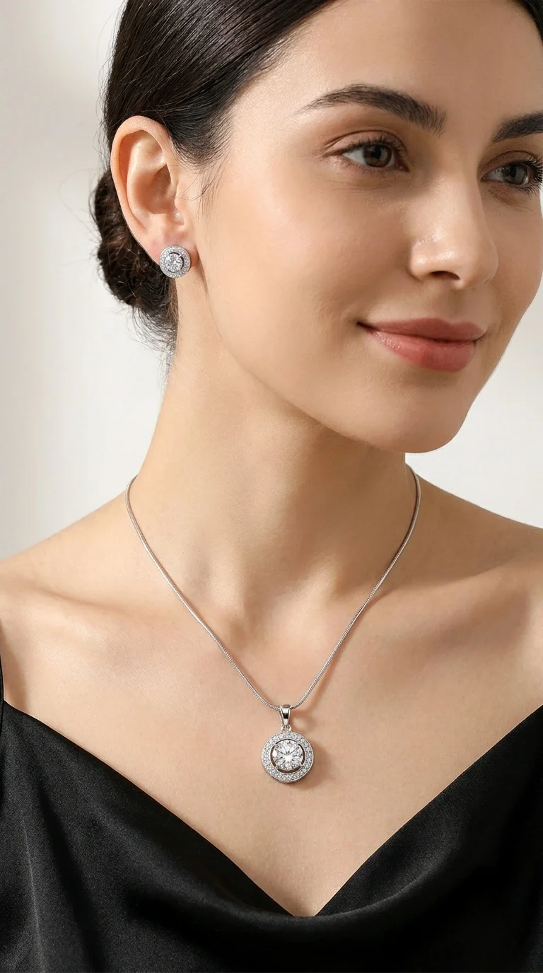 Crystal Pendant Set with Chain and Stud Earrings
