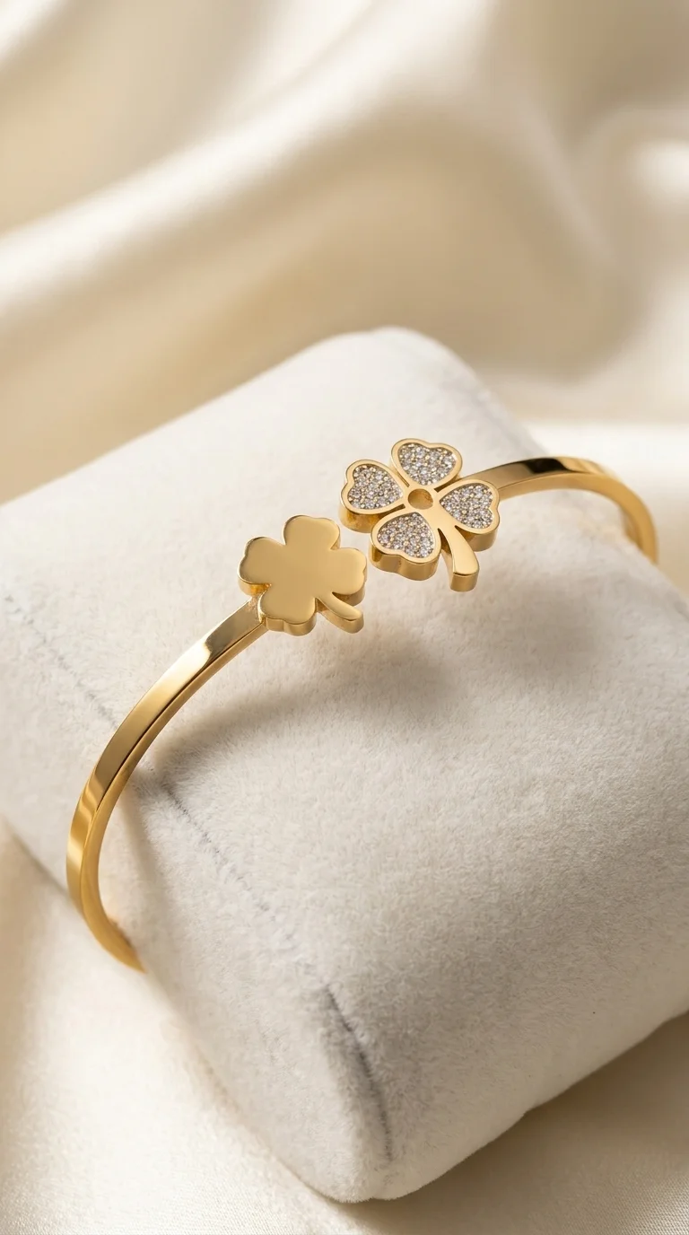 Four-Leaf Clover Gold Bangle Bracelet with Crystal Accents