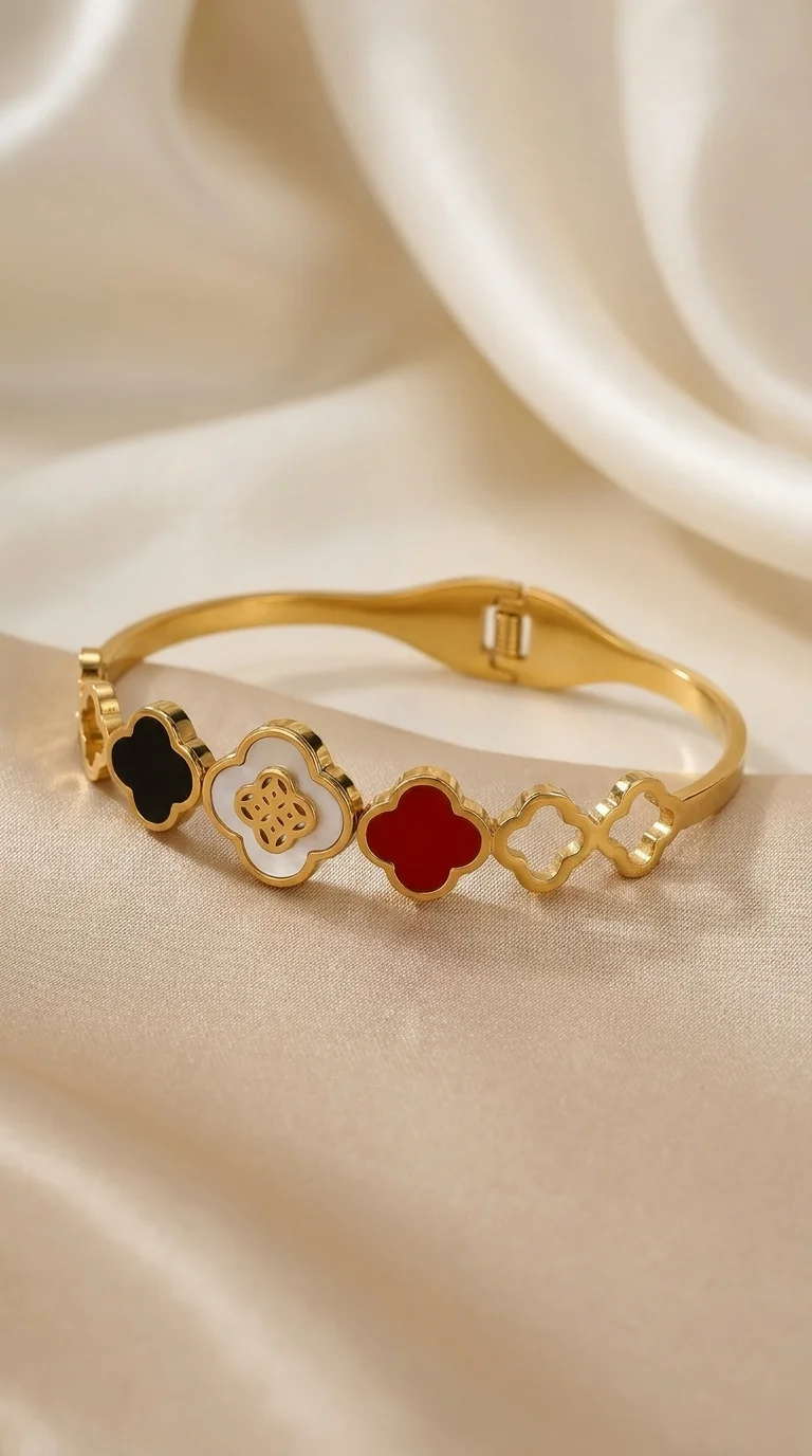 Gold-Tone Clover Bangle Bracelet | Multi-Colour Clovers, Hinge Closure
