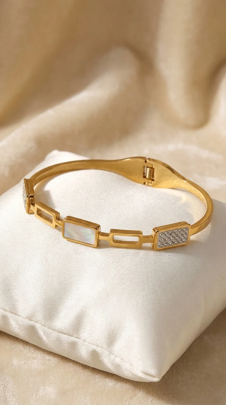 Gold-Tone Chain Link Bracelet with Mother of Pearl | Pave Crystal Accents, Geometric Links