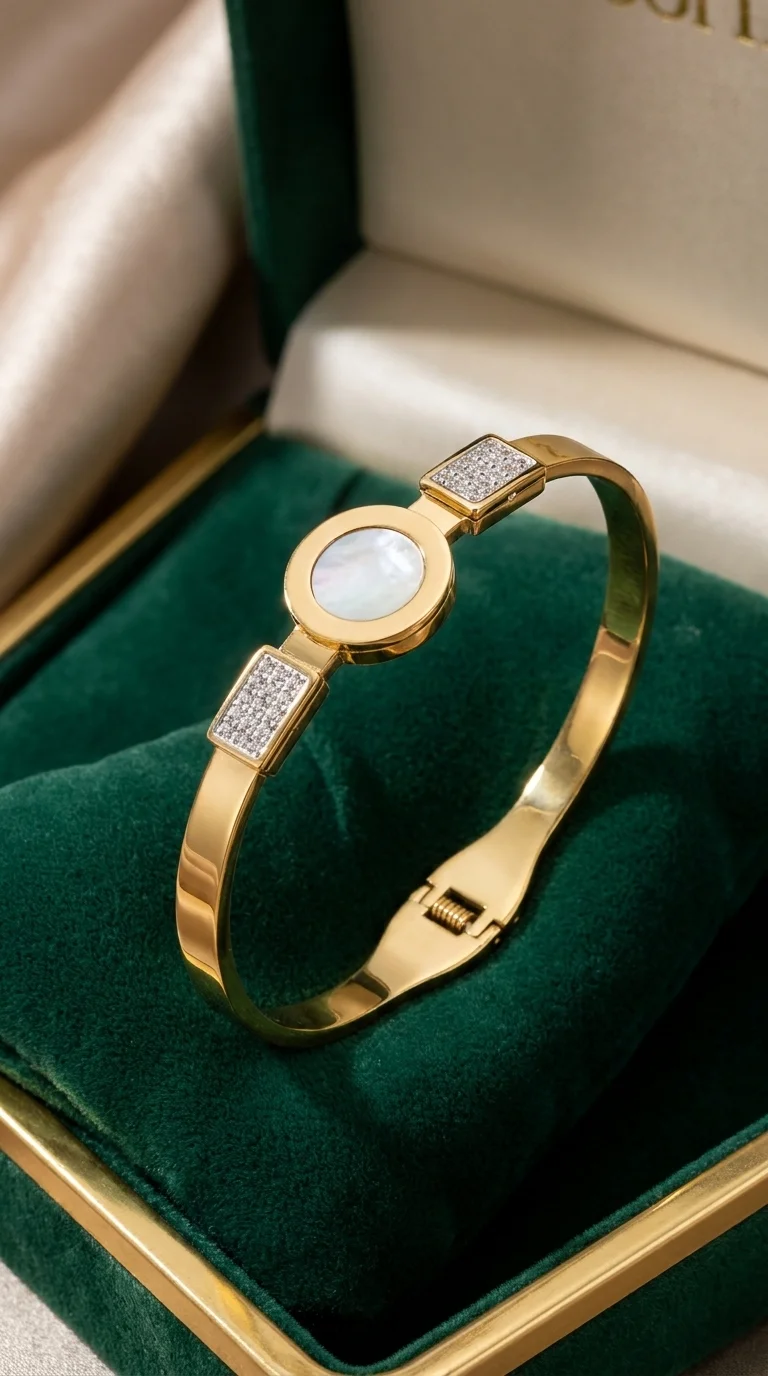 Gold-Tone Bangle Bracelet with Mother of Pearl and Crystal | Mother of Pearl Centre, Crystal Accents