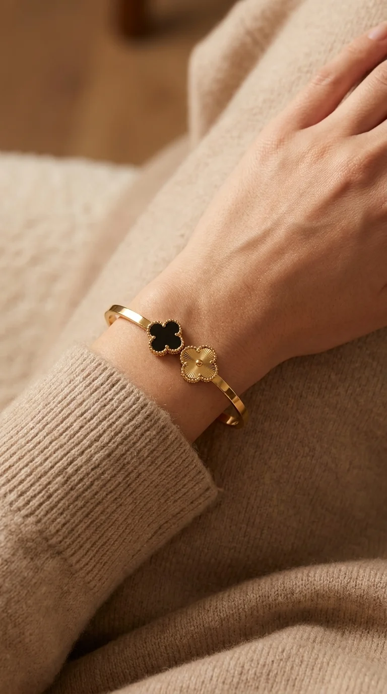 Gold Clover Bangle Bracelet with Black Accent | Four-Leaf Clover Design, Gold Tone Finish