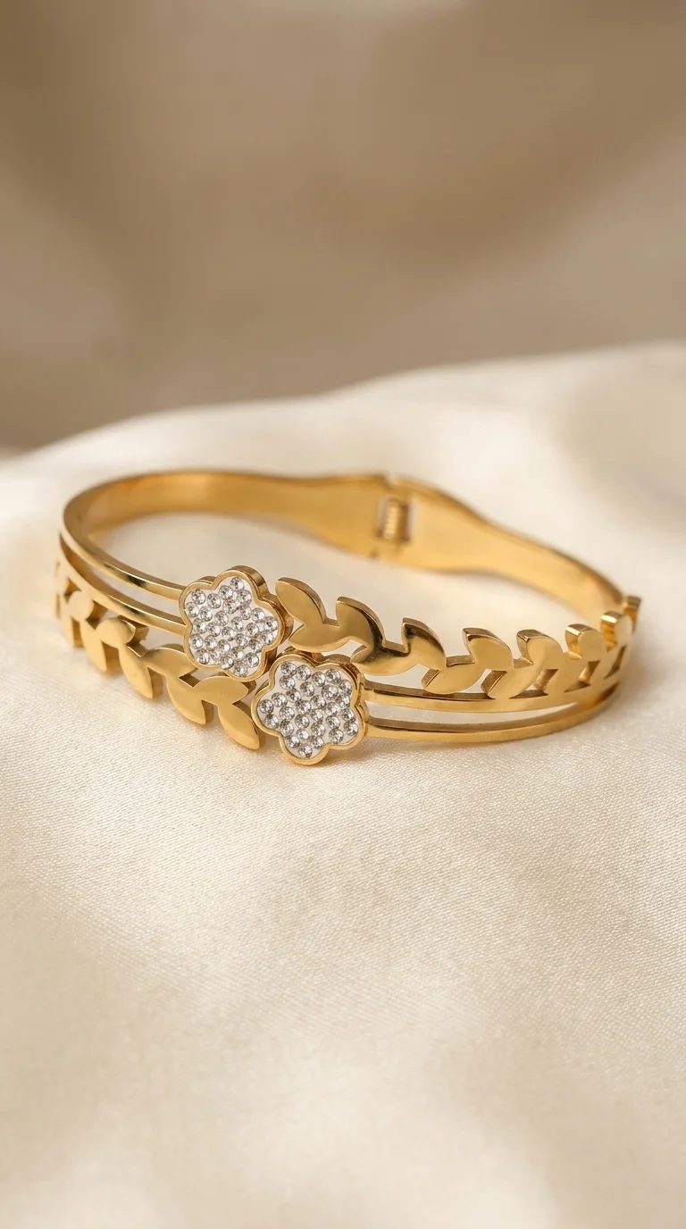 Gold-Tone Floral Crystal Bangle Bracelet with Leaf Design | Crystal Embellished, Floral Motif