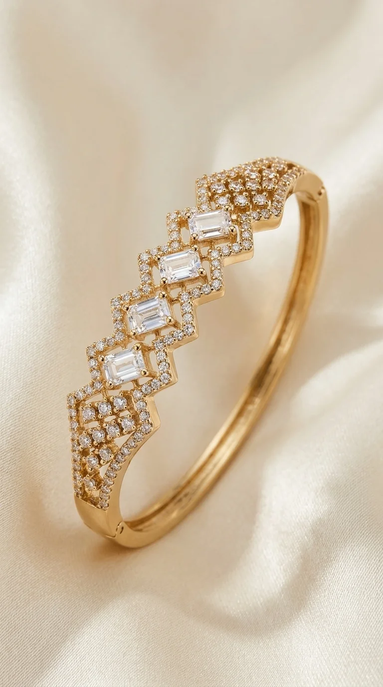 Gold-Tone Bangle Bracelet with Baguette Crystal Stones | Baguette Cut Stones, Pave Setting