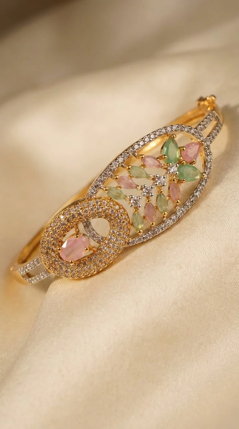 Gold-Toned Bangle Bracelet with Pastel Stones | Floral Design, CZ Embellished