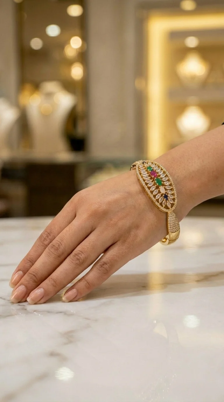 Gold-Tone Multicolour Stone Embellished Bangle Bracelet | Multicolour Stones, Floral Design
