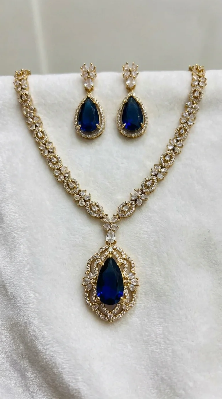 Emerald Blue AD Pendant Necklace Set