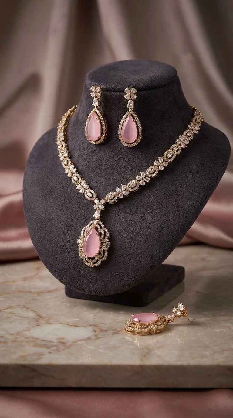 Emerald Pink AD Pendant Necklace Set