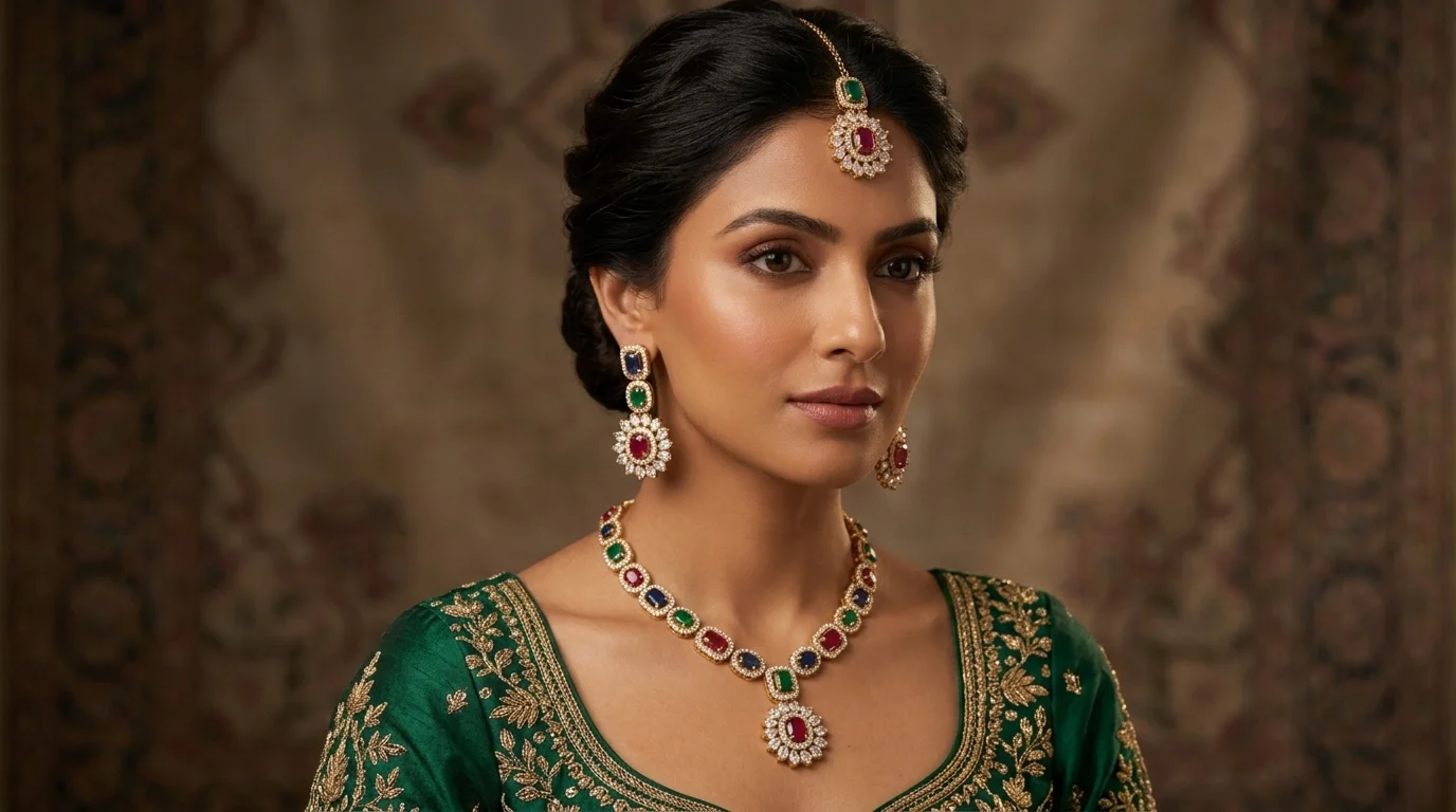 Multicolor AD Gold-Plated Pendant Necklace Set
