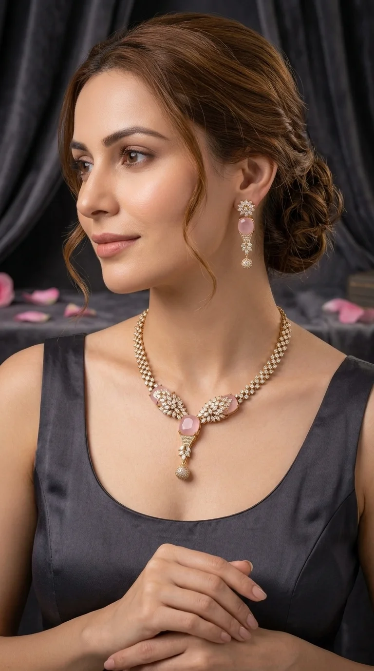 Blush Pink AD Gold-Plated Necklace Set