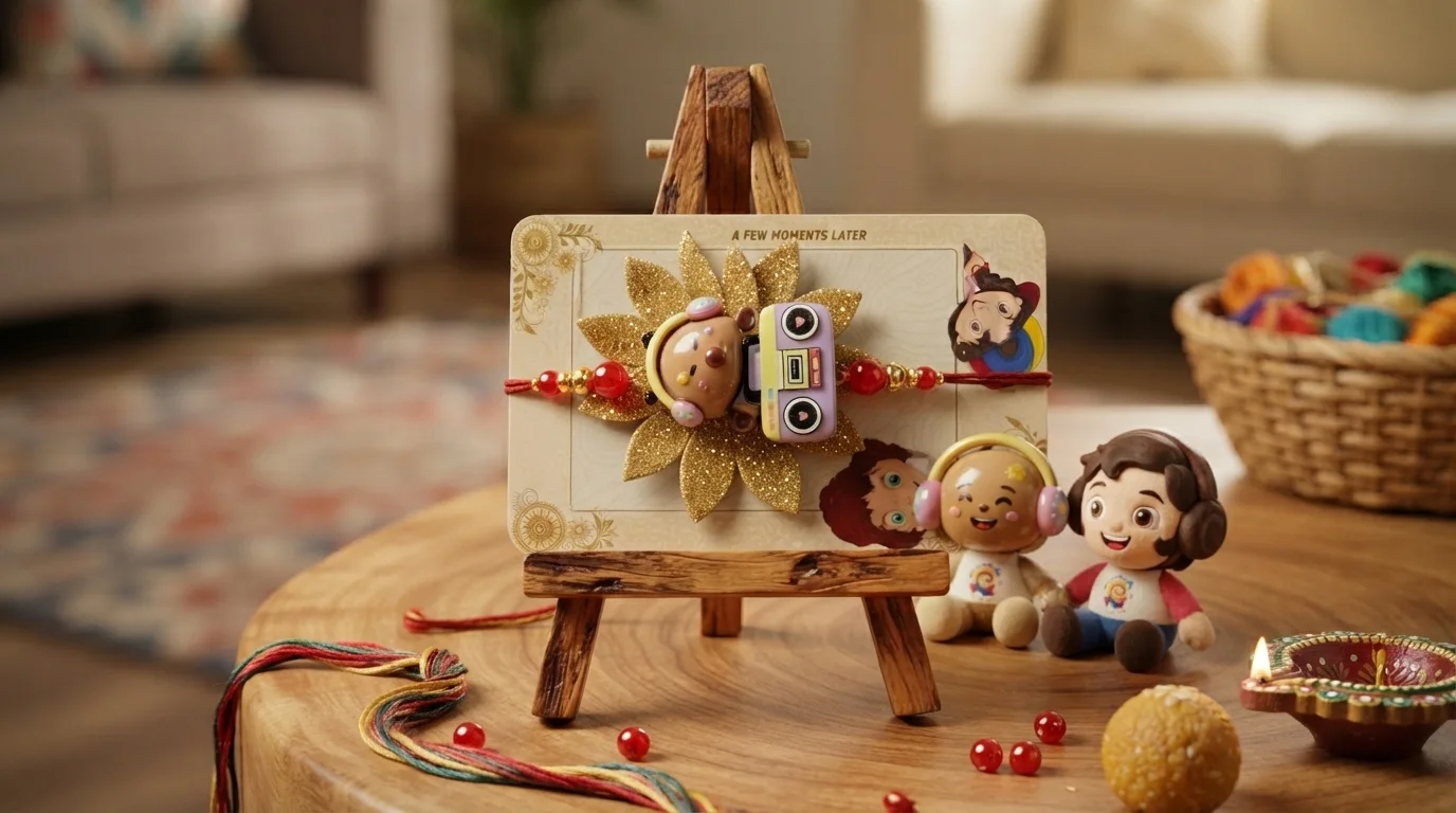 Cute Cartoon Bear & Boombox Kids Rakhi